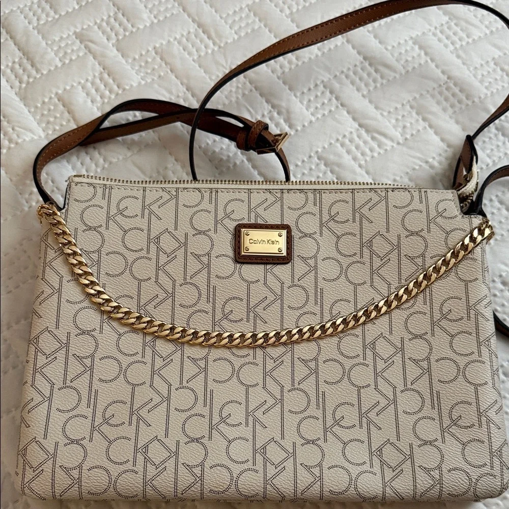 Calvin Klein Cream Monogram Chain Crossbody with Brown Strap